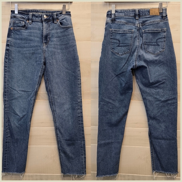 {0} American Eagle Stretch Mom Jean Raw Hem Blue Denim - Picture 1 of 12